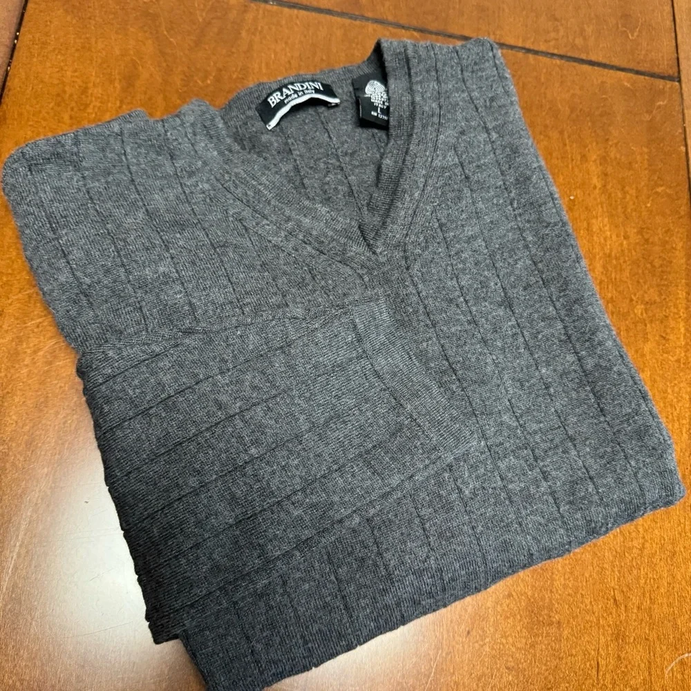 Brandini Sweater Men's Large Dark Gray V-Neck Ribbed 100% Merino Wool Pullover